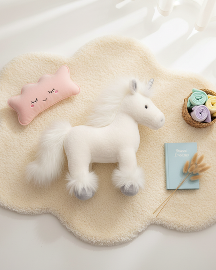 realistic white unicorn plush toy - flat-lay