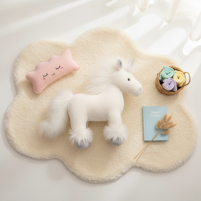realistic white unicorn plush toy - flat-lay