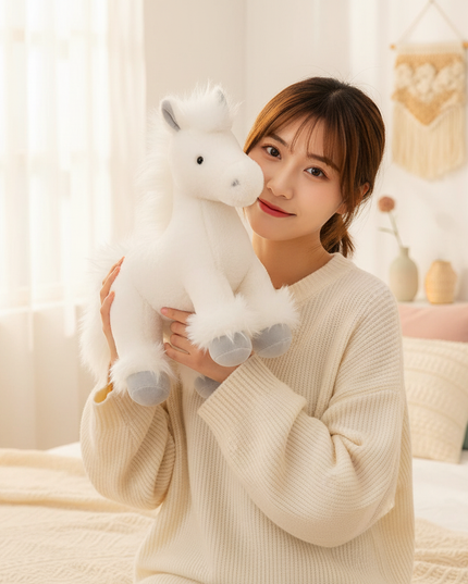 realistic white unicorn plush toy - in-use