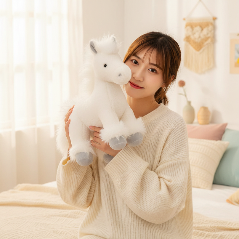realistic white unicorn plush toy - in-use