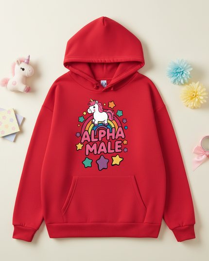 red alpha male unicorn hoodie - flat-lay