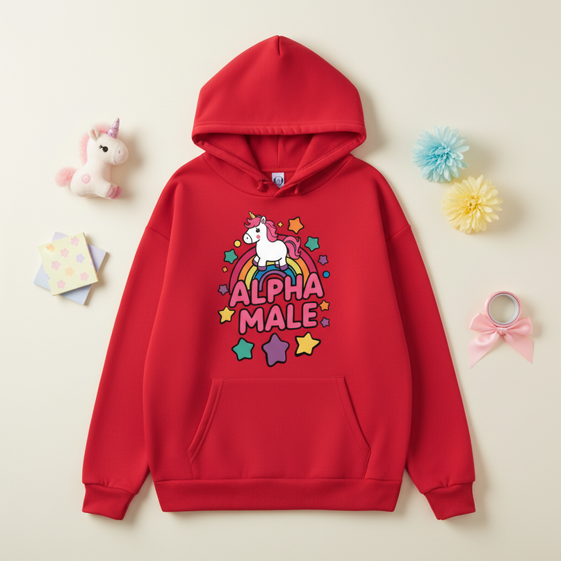 red alpha male unicorn hoodie - flat-lay