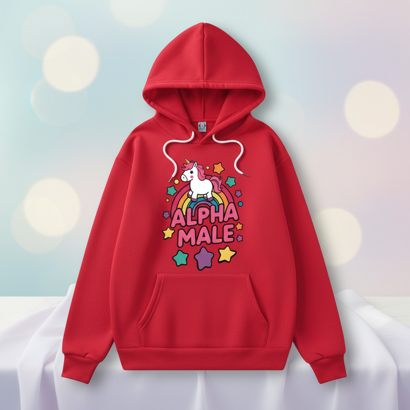 red alpha male unicorn hoodie - lifestyle