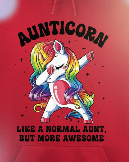red aunt unicorn hoodie - detail