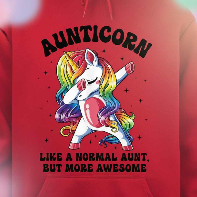 red aunt unicorn hoodie - detail