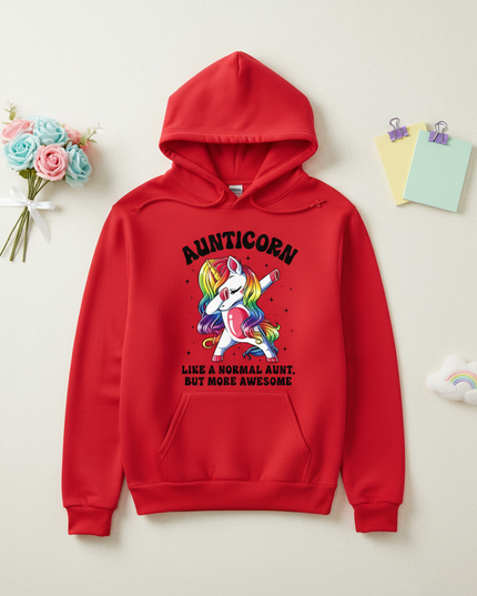 red aunt unicorn hoodie - flat-lay