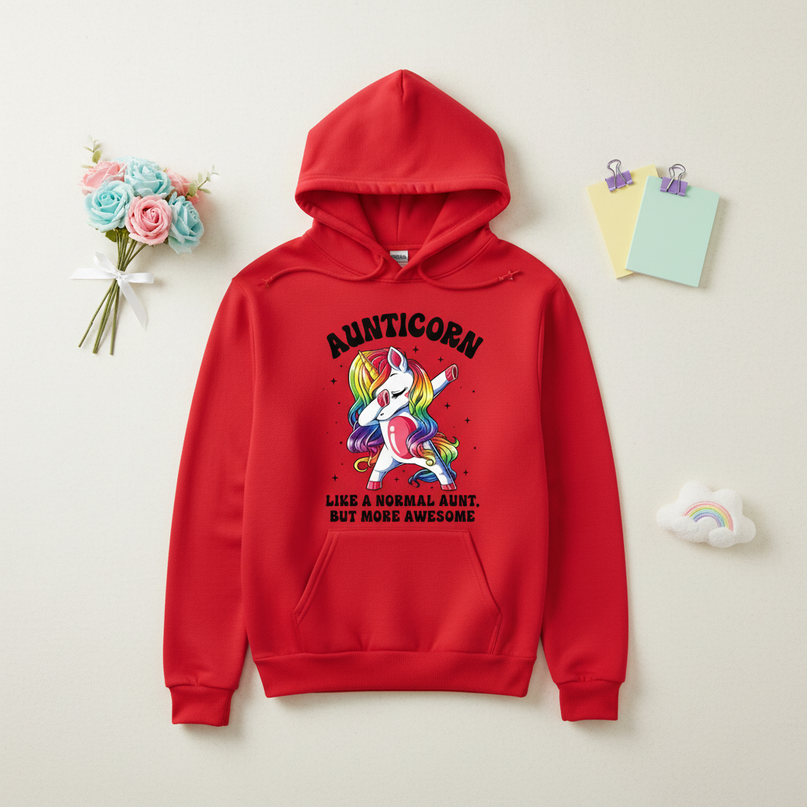 red aunt unicorn hoodie - flat-lay