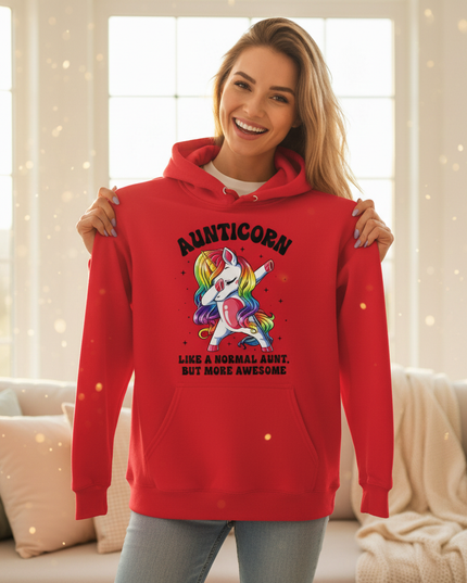 red aunt unicorn hoodie - in-use