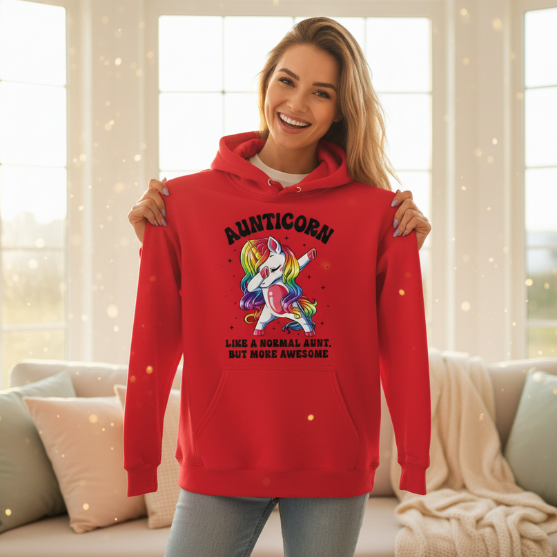 red aunt unicorn hoodie - in-use