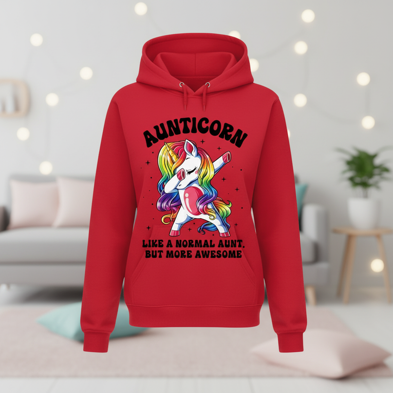 red aunt unicorn hoodie - lifestyle