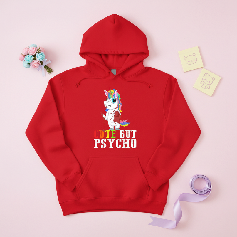 red cute but psycho hoodie - flat-lay