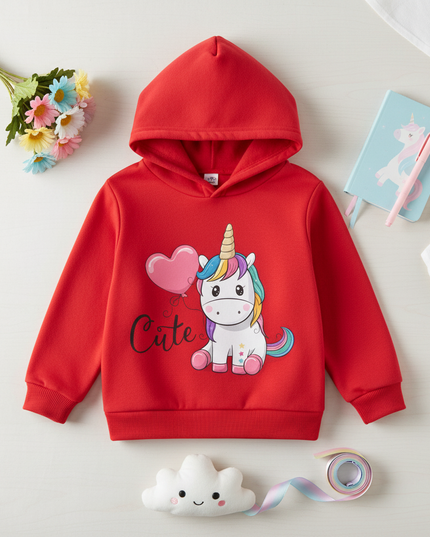 red cute unicorn kids hoodie - flat-lay