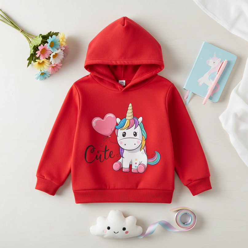 red cute unicorn kids hoodie - flat-lay