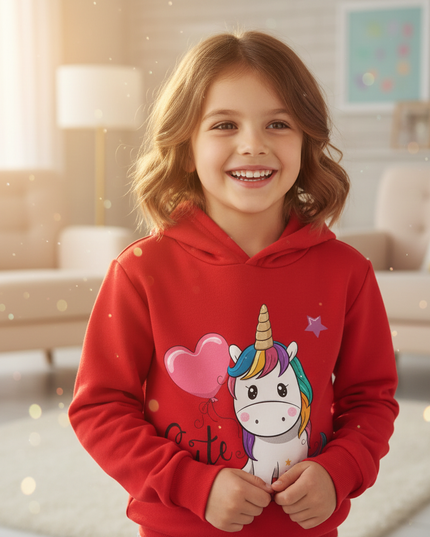 red cute unicorn kids hoodie - in-use