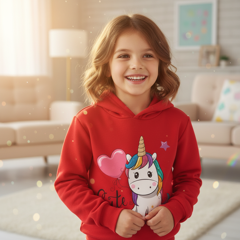 red cute unicorn kids hoodie - in-use