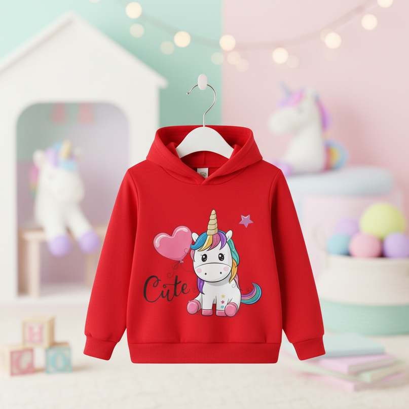 red cute unicorn kids hoodie - lifestyle