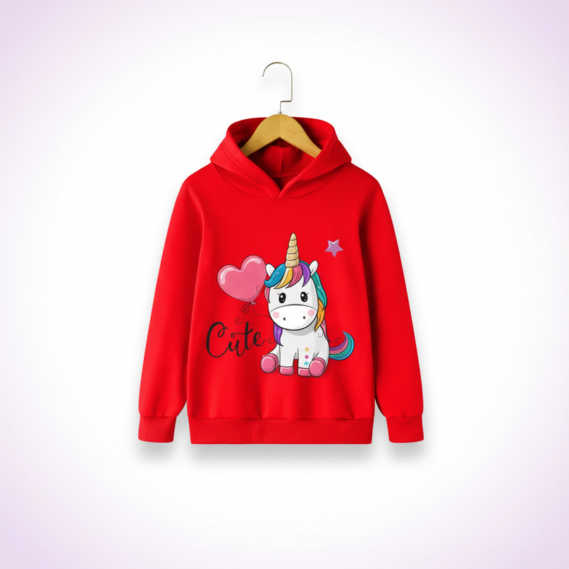 red cute unicorn kids hoodie - white-bg