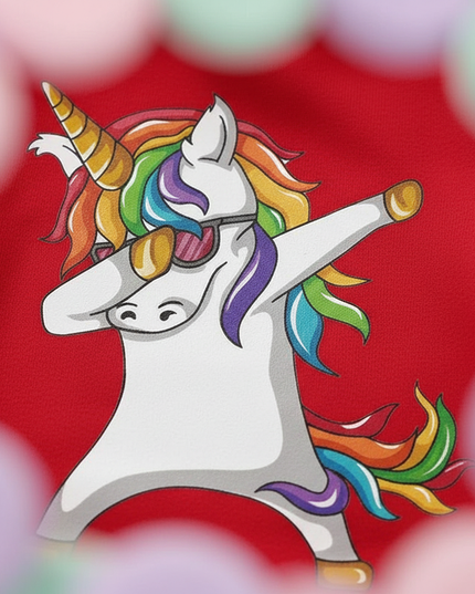 red dabbing unicorn kids hoodie - detail