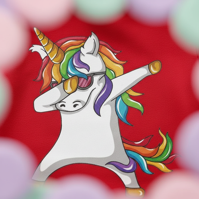 red dabbing unicorn kids hoodie - detail