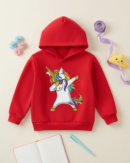 red dabbing unicorn kids hoodie - flat-lay