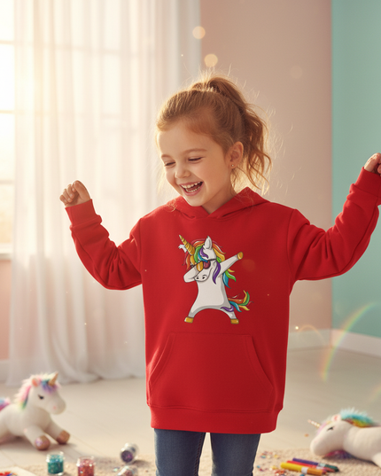 red dabbing unicorn kids hoodie - in-use