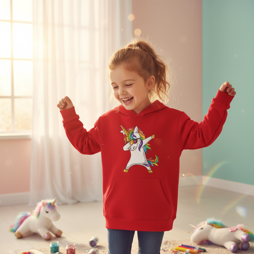 red dabbing unicorn kids hoodie - in-use