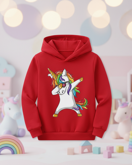 red dabbing unicorn kids hoodie - lifestyle