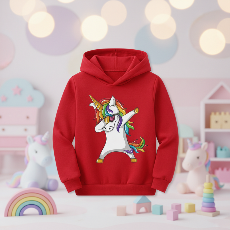 red dabbing unicorn kids hoodie - lifestyle