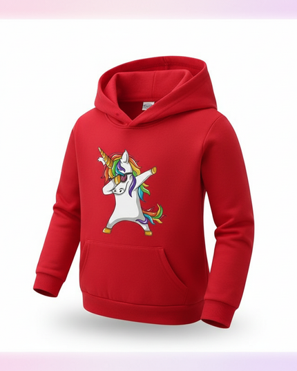 red dabbing unicorn kids hoodie - white-bg