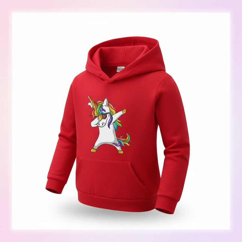 red dabbing unicorn kids hoodie - white-bg
