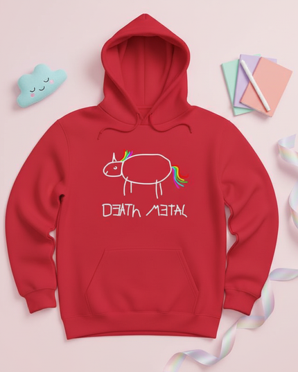 red death metal unicorn hoodie - flat-lay
