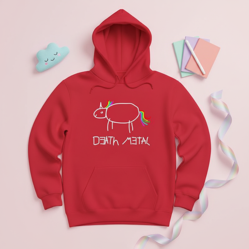 red death metal unicorn hoodie - flat-lay