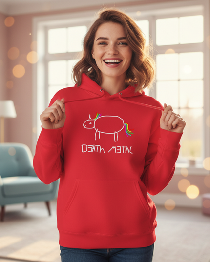 red death metal unicorn hoodie - in-use