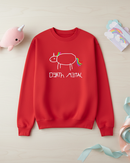 red death metal unicorn sweater - flat-lay