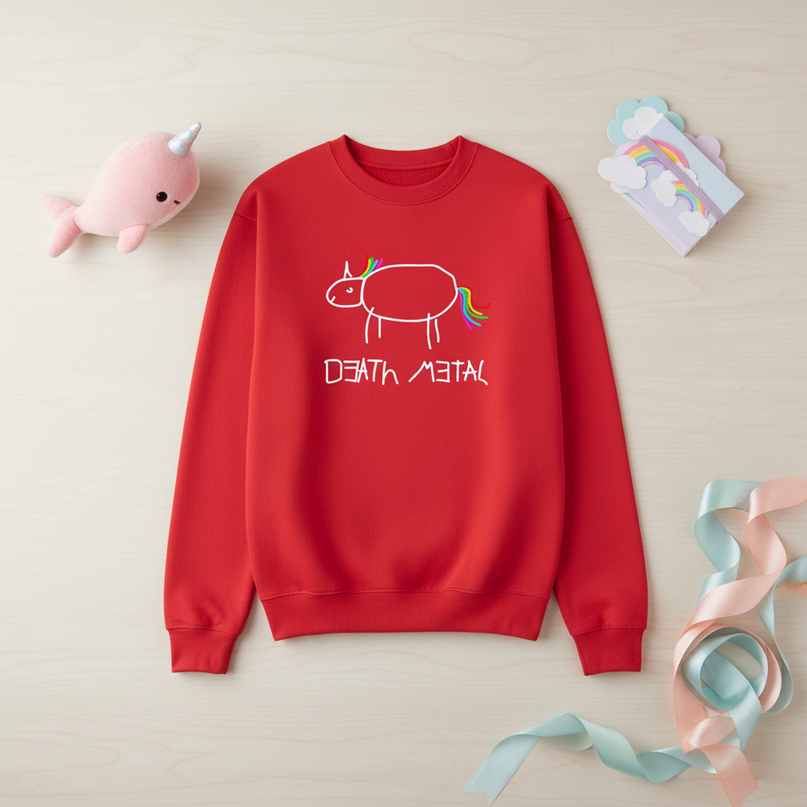 red death metal unicorn sweater - flat-lay