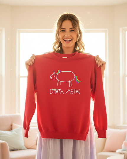 red death metal unicorn sweater - in-use