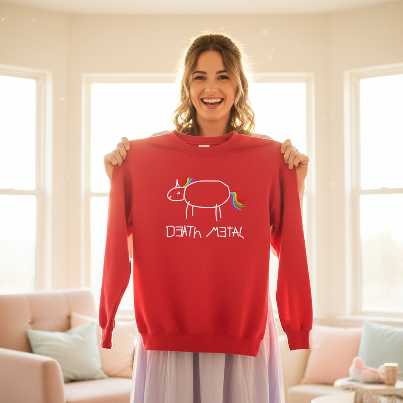 red death metal unicorn sweater - in-use
