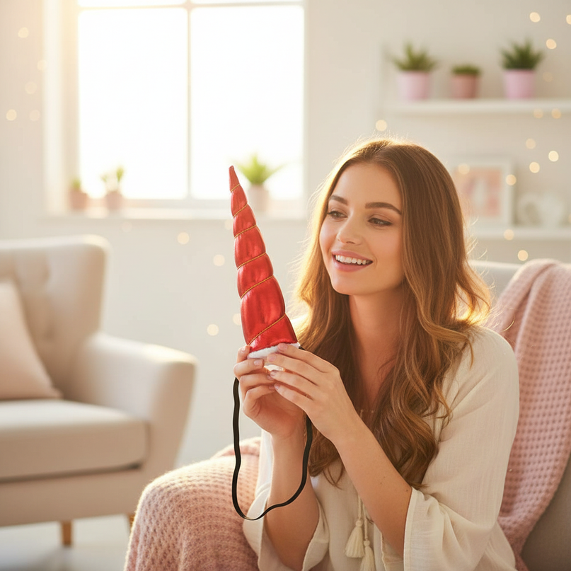 red elastic unicorn horn - in-use