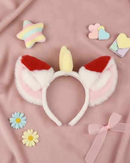red fluffy unicorn headband - flat-lay