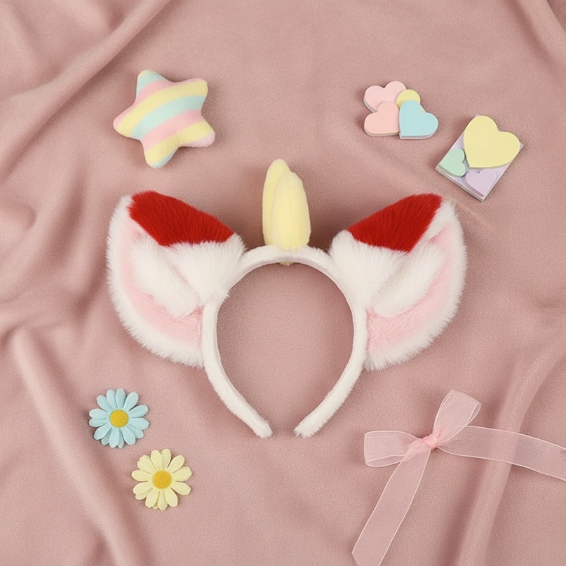 red fluffy unicorn headband - flat-lay