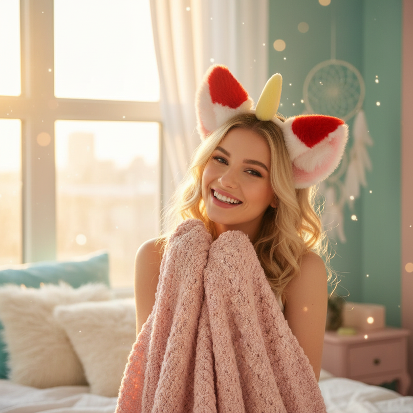 red fluffy unicorn headband - in-use
