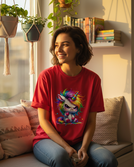 red funny unicorn shirt - in-use