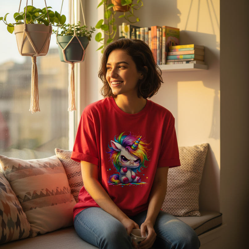 red funny unicorn shirt - in-use