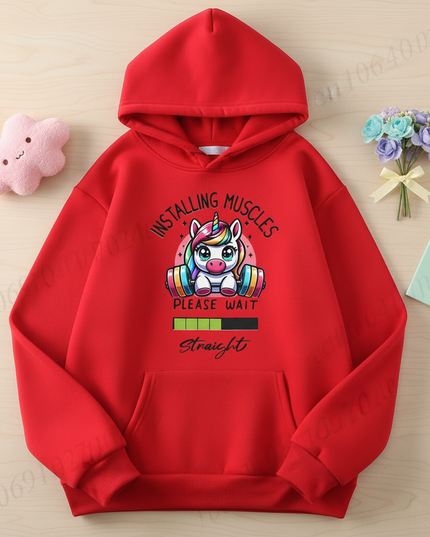 red kawaii unicorn hoodie adult - flat-lay