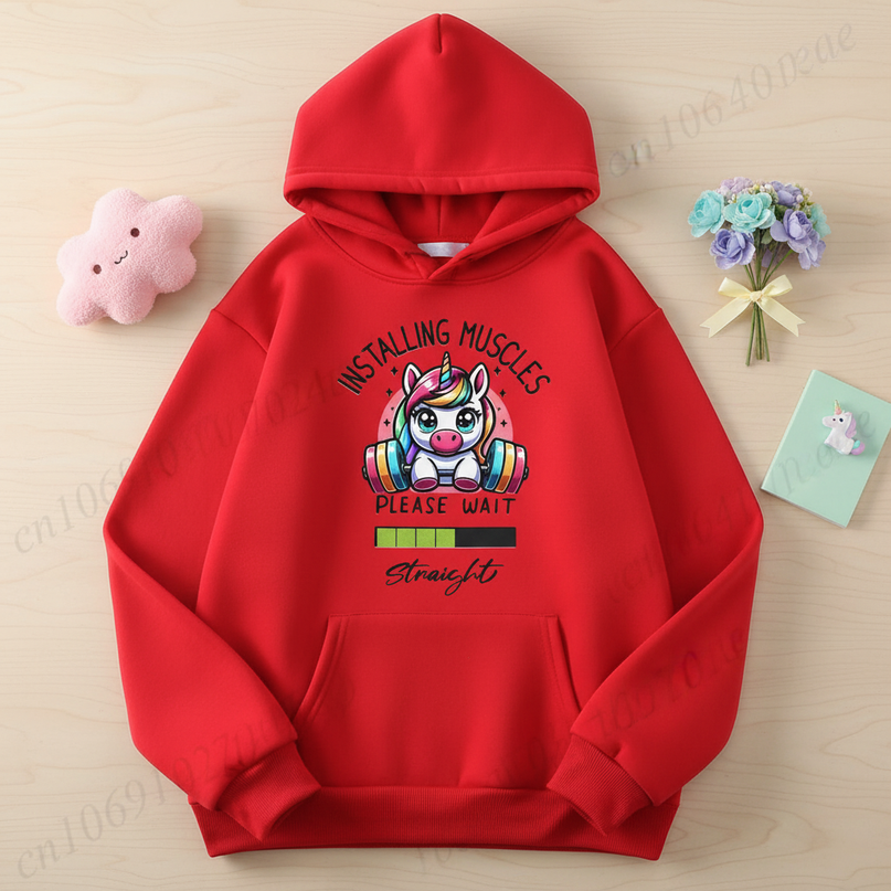 red kawaii unicorn hoodie adult - flat-lay