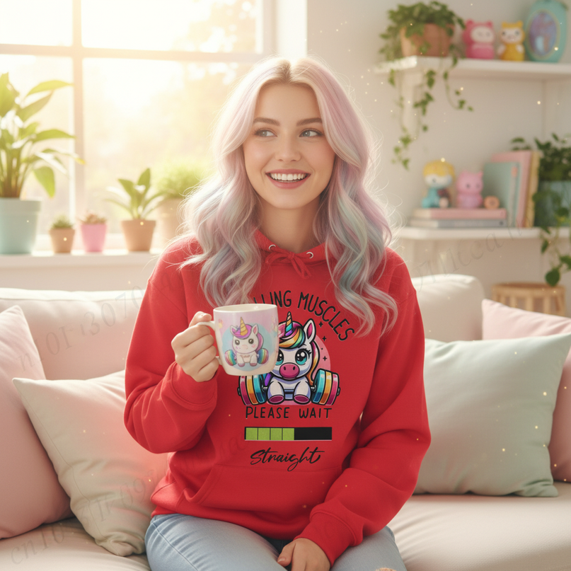 red kawaii unicorn hoodie adult - in-use