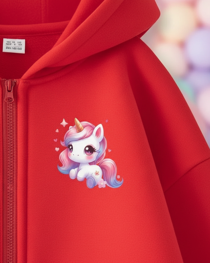red kawaii unicorn zip hoodie - detail