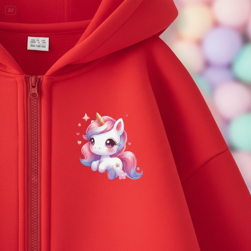 red kawaii unicorn zip hoodie - detail