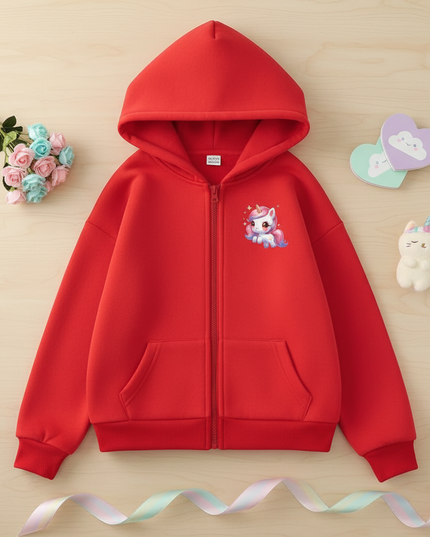 red kawaii unicorn zip hoodie - flat-lay