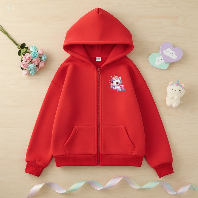 red kawaii unicorn zip hoodie - flat-lay